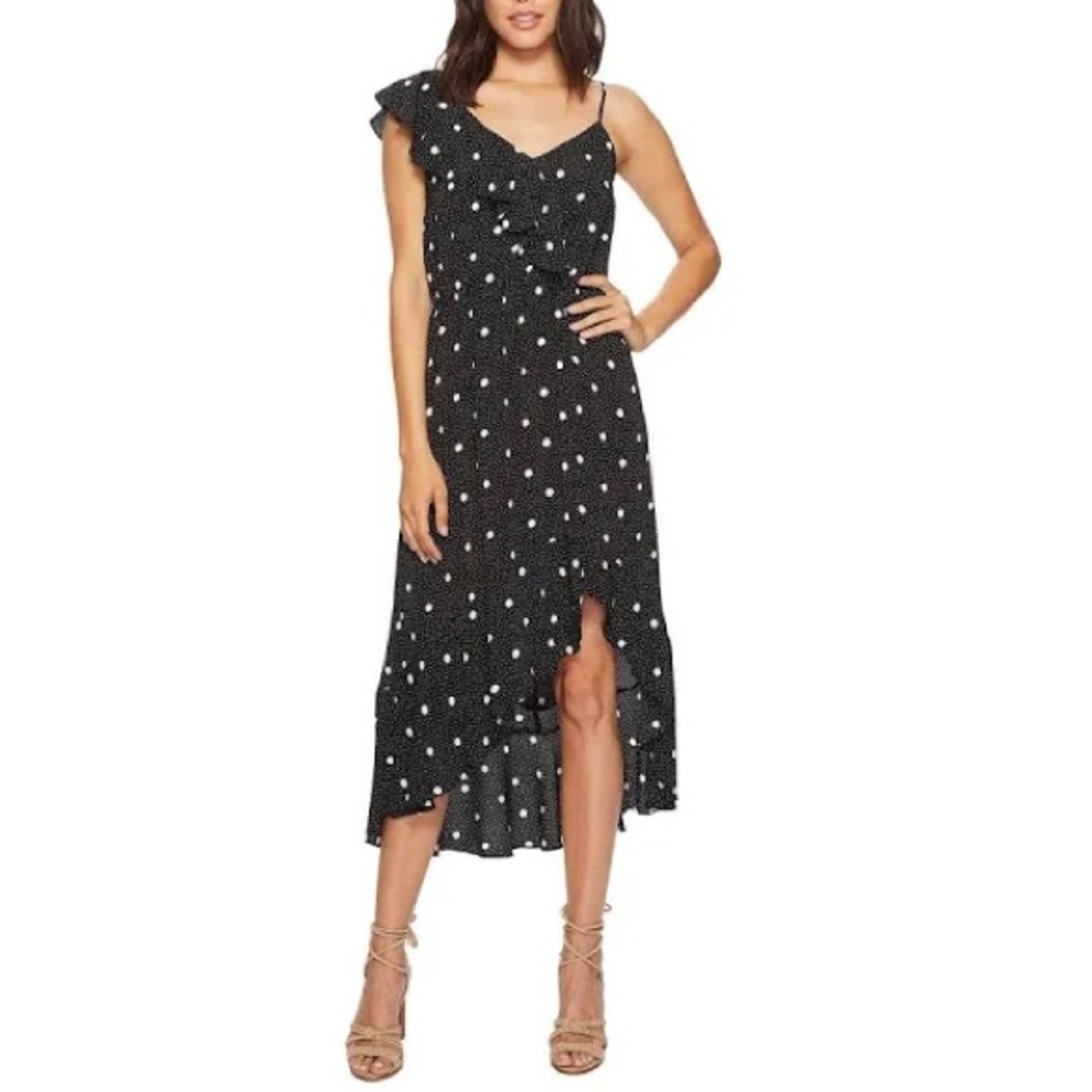 1.STATE Black Polka Dot Asymmetrical Midi Dress Ruffle One Shoulder Medium
